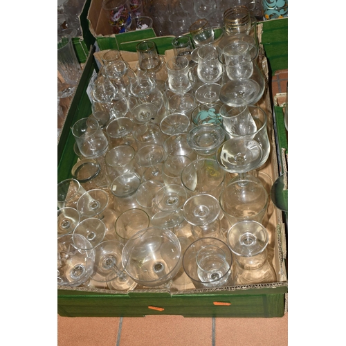 521 - SIX BOXES OF DRINKING GLASSES, over two hundred and fifty pieces, to include some printed vintage ex... 