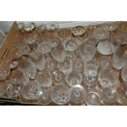 521 - SIX BOXES OF DRINKING GLASSES, over two hundred and fifty pieces, to include some printed vintage ex... 