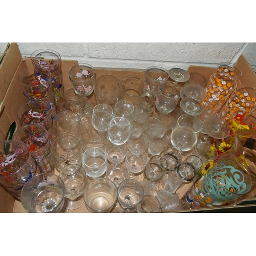 521 - SIX BOXES OF DRINKING GLASSES, over two hundred and fifty pieces, to include some printed vintage ex... 