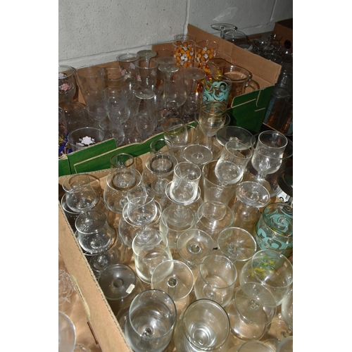 521 - SIX BOXES OF DRINKING GLASSES, over two hundred and fifty pieces, to include some printed vintage ex... 