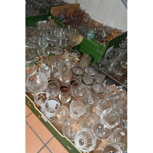 521 - SIX BOXES OF DRINKING GLASSES, over two hundred and fifty pieces, to include some printed vintage ex... 