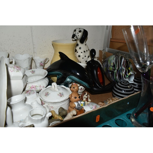 523 - THREE BOXES AND LOOSE CERAMICS AND GLASS WARES, to include two Poole Pottery dolphins, a Donegal chi... 