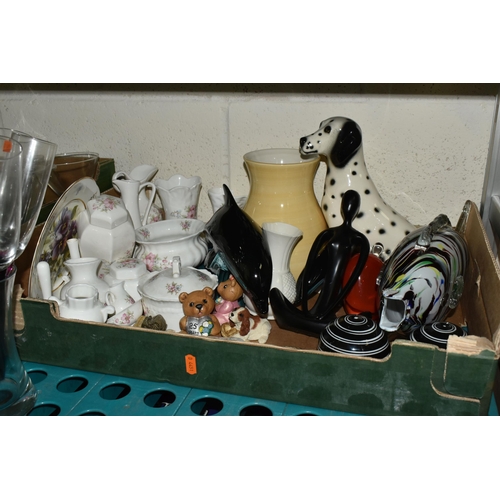 523 - THREE BOXES AND LOOSE CERAMICS AND GLASS WARES, to include two Poole Pottery dolphins, a Donegal chi... 