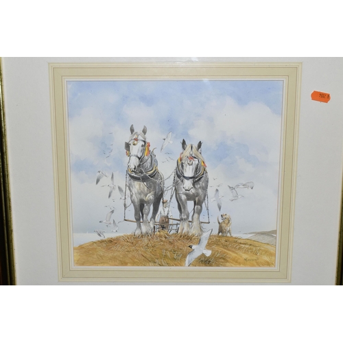 535 - MALCOLME GREENSMITH (BRITISH CONTEMPORARY) A COASTAL HARVESTING SCENE, a pair of heavy horses are pu... 