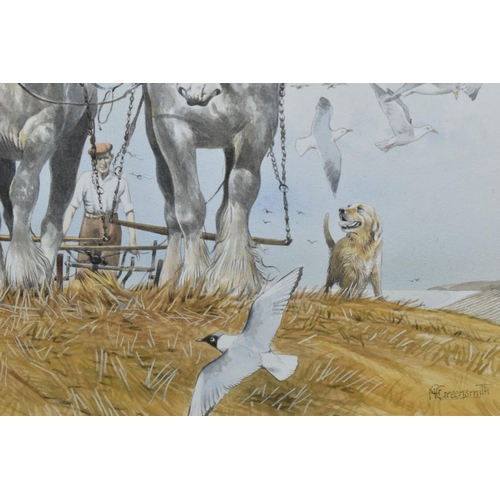 535 - MALCOLME GREENSMITH (BRITISH CONTEMPORARY) A COASTAL HARVESTING SCENE, a pair of heavy horses are pu... 