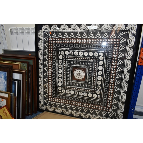 542 - A QUANTITY OF PICTURES AND PRINTS ETC, to include a framed Fijian tapa, approximate size 91cm x 95cm... 