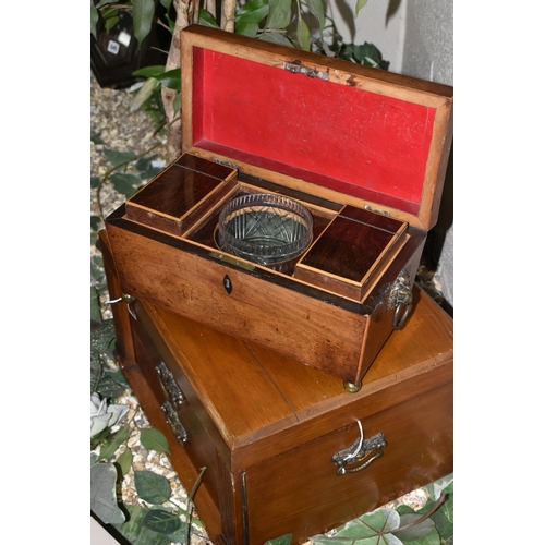 543 - A REGENCY ROSEWOOD SARCOPHAGUS SHAPED TEA CADDY AND AN EARLY 20TH CENTURY OAK EMPTY WALKER & HALL CU... 