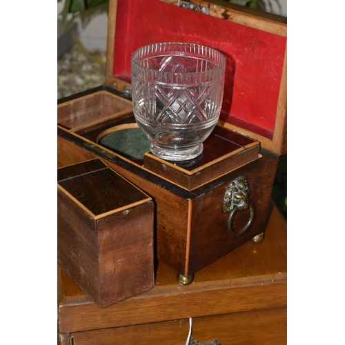 543 - A REGENCY ROSEWOOD SARCOPHAGUS SHAPED TEA CADDY AND AN EARLY 20TH CENTURY OAK EMPTY WALKER & HALL CU... 