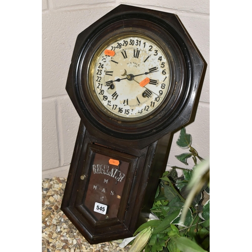 545 - AN EARLY 20TH CENTURY WALNUT STAINED REGULATOR WALL CLOCK, the circular painted 18cm dial with Roman... 