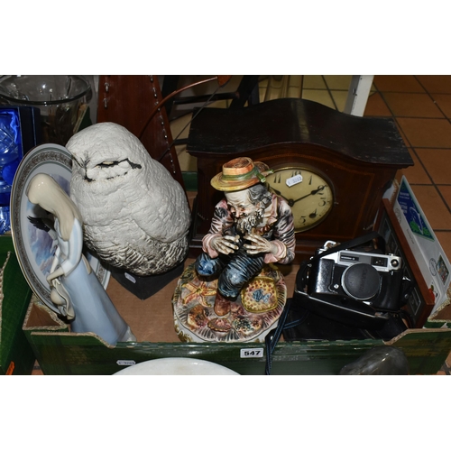 547 - A BOX AND LOOSE OF CERAMICS, CAMERAS, EARLY 20TH CENTURY MANTEL CLOCK, LARGE GLASS VASE, FIRST DAY C... 