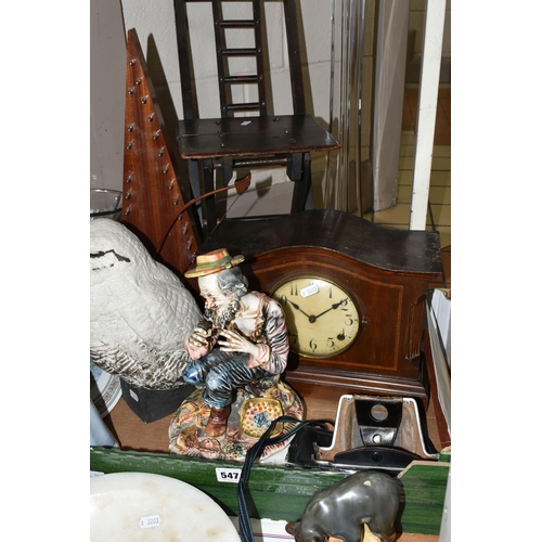 547 - A BOX AND LOOSE OF CERAMICS, CAMERAS, EARLY 20TH CENTURY MANTEL CLOCK, LARGE GLASS VASE, FIRST DAY C... 