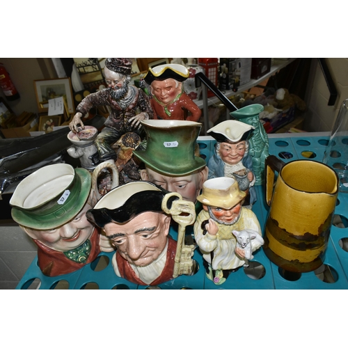 557 - SEVEN ASSORTED TOBY AND CHARACTER JUGS AND TWO OTHER CERAMIC ITEMS, including a Royal Doulton Charac... 