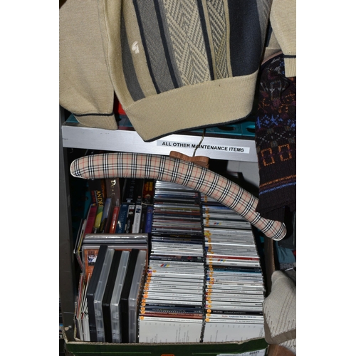 564 - TWO BOXES AND TWO SUITACSES OF GENTS CLOTHING, CLASSIC FM AND OTHER CDS, DVDS ETC, the clothing incl... 