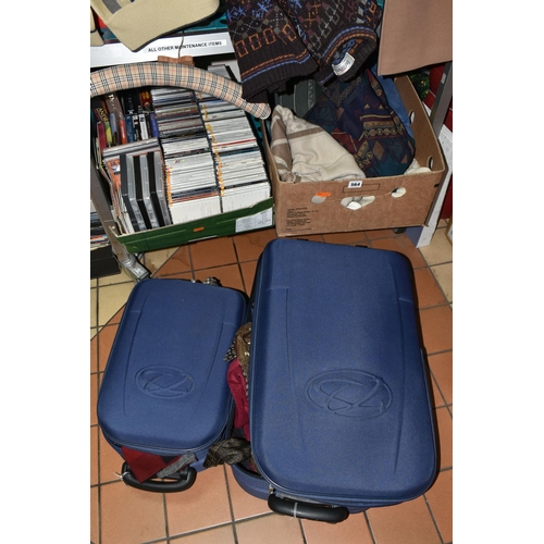 564 - TWO BOXES AND TWO SUITACSES OF GENTS CLOTHING, CLASSIC FM AND OTHER CDS, DVDS ETC, the clothing incl... 