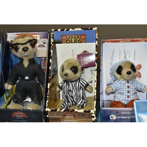 565 - A COLLECTION OF BOXED MEERKAT SOFT TOYS, from the T.V. commercials, many with 'Certificates of Authe... 