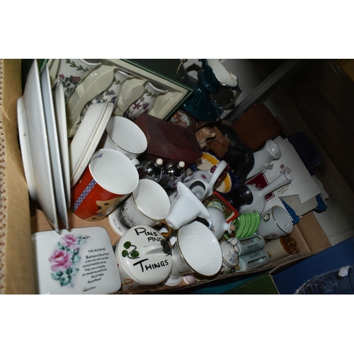 566 - TWO BOXES AND LOOSE CERAMICS AND GLASSWARE, ETC, including an Adams 'Tokio' pattern part dinner serv... 