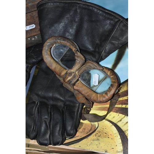 567 - A PAIR OF MILLETS VINTAGE LEATHER GAUNTLETS, wool lined, some marking and wear, with a pair of vinta... 