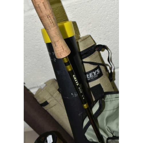 571 - SIX MODERN CARBON FISHING RODS, five in zipped storage cases comprising a Greys Greyflex M2 three se... 