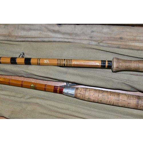 576 - THREE VINTAGE FISHING RODS AND A SHOOTING STICK, comprising a cane rod by George Wilkins & Son Ltd. ... 