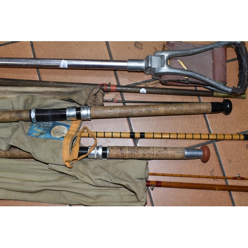 THREE VINTAGE FISHING RODS AND A SHOOTING STICK, comprising a cane rod by  George Wilkins & Son Ltd.