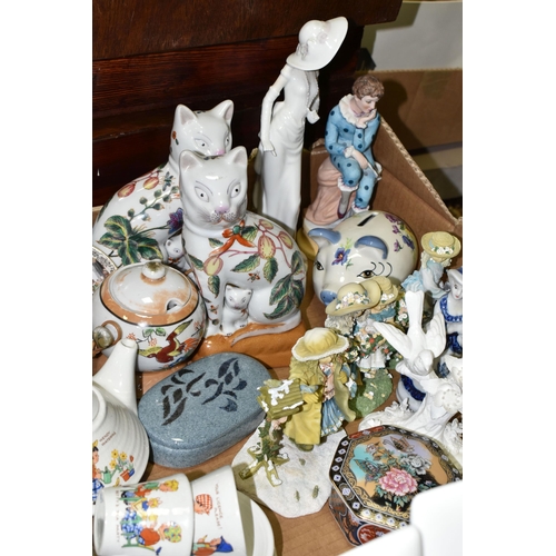 577 - TWO TRAYS OF CERAMICS, to include a Moorcroft bud vase, height 9.5cm decorated with a yellow and mau... 