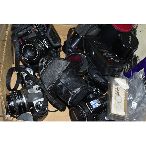 588 - ONE BOX OF VINTAGE CAMERAS, to include a Ricoh KR-10 Super, a Pentax ME Super, an Olympus SP-570UZ c... 