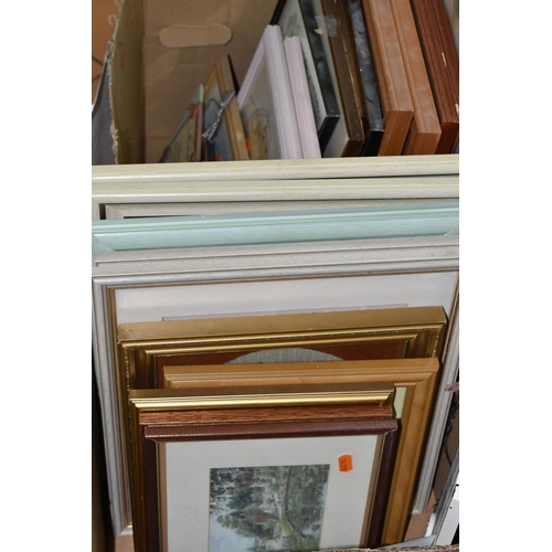 593 - A QUANTITY OF PAINTINGS AND PRINTS IN TWO BOXES AND LOOSE, including Peter Woodford (British late 20... 