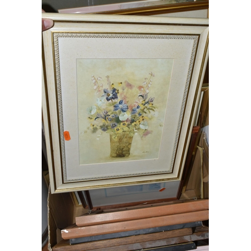 593 - A QUANTITY OF PAINTINGS AND PRINTS IN TWO BOXES AND LOOSE, including Peter Woodford (British late 20... 