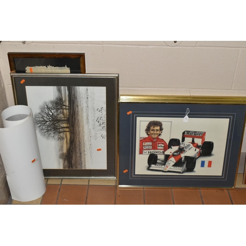 597 - FOUR FORMULA 1 THEMED COLOURED PENCIL SKETCHES, depicting Alain Prost with his Mclaren Honda, Nigel ... 