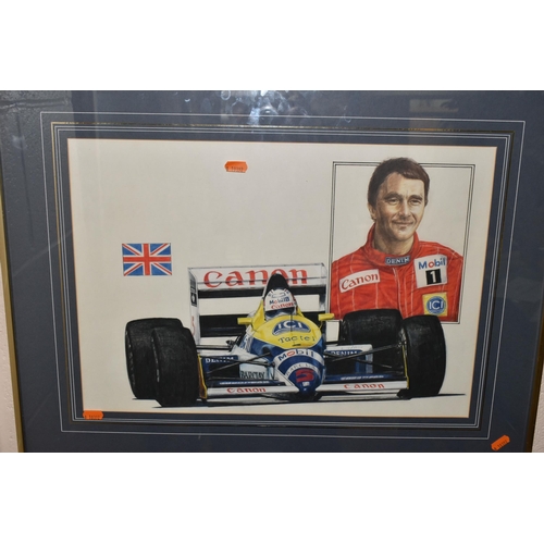 597 - FOUR FORMULA 1 THEMED COLOURED PENCIL SKETCHES, depicting Alain Prost with his Mclaren Honda, Nigel ... 