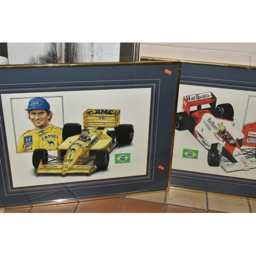 597 - FOUR FORMULA 1 THEMED COLOURED PENCIL SKETCHES, depicting Alain Prost with his Mclaren Honda, Nigel ... 