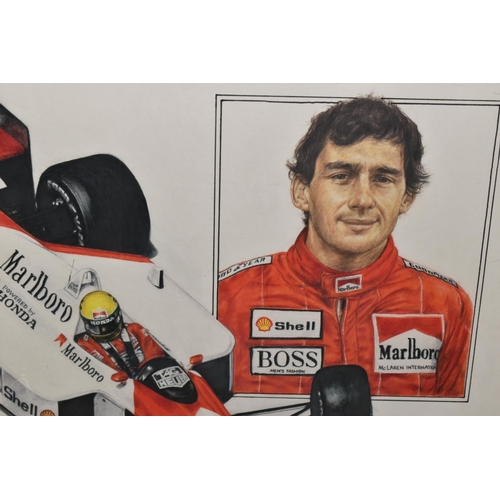 597 - FOUR FORMULA 1 THEMED COLOURED PENCIL SKETCHES, depicting Alain Prost with his Mclaren Honda, Nigel ... 