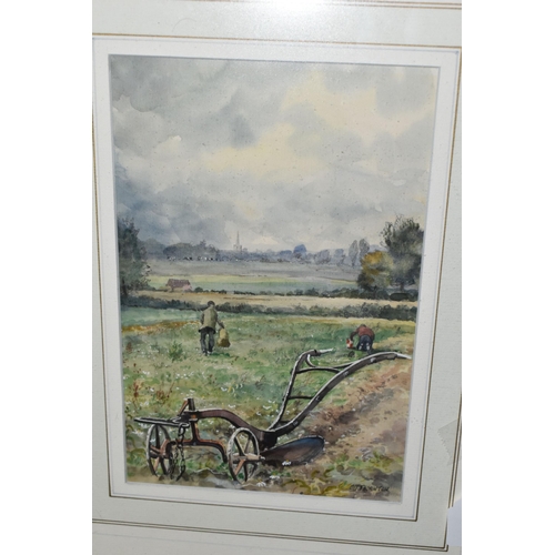 600 - CECIL J. THORNTON (BRITISH, 1911-2001) Rural landscape with vintage plough in the foreground and vil... 