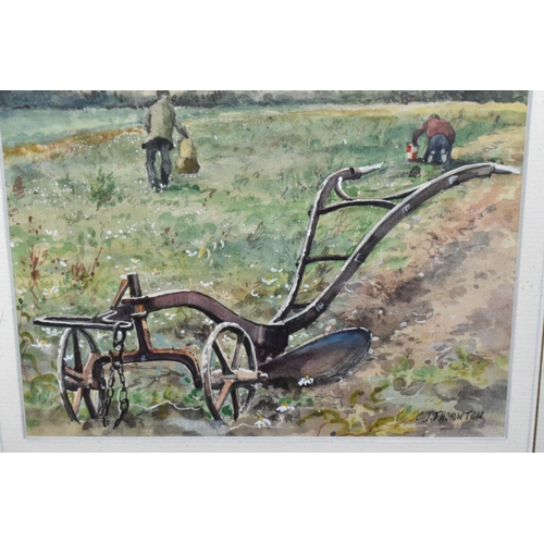 600 - CECIL J. THORNTON (BRITISH, 1911-2001) Rural landscape with vintage plough in the foreground and vil... 