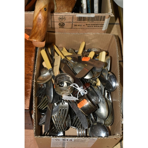 614 - THREE BOXES OF METALWARE AND TREEN, to include stainless steel tea ware, brass ornaments, a metal oi... 