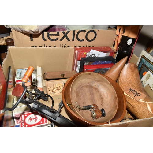 614 - THREE BOXES OF METALWARE AND TREEN, to include stainless steel tea ware, brass ornaments, a metal oi... 