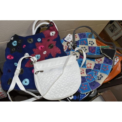 631 - A BOX OF HANDBAGS, fourteen bags to include Ouch! and A & A, in various styles and colours, most app... 