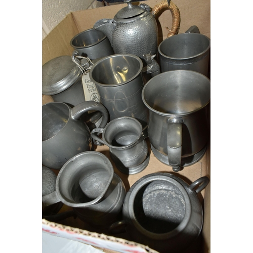 633 - ONE BOX OF PEWTER, to include an arts and crafts style hot water jug with a raffia bound handle, a m... 