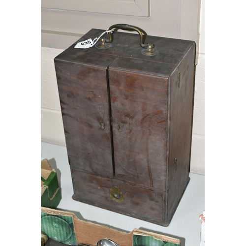 635 - AN EARLY 19TH CENTURY MAHOGANY APOTHECARY'S CABINET, with brass swan neck carrying handle to the top... 