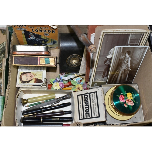 636 - TWO BOXES OF EPHEMERA, CUTLERY, COMPACTS, COLLECTABLES, TWO AMBROTYPES, ETC, including eight cabinet... 