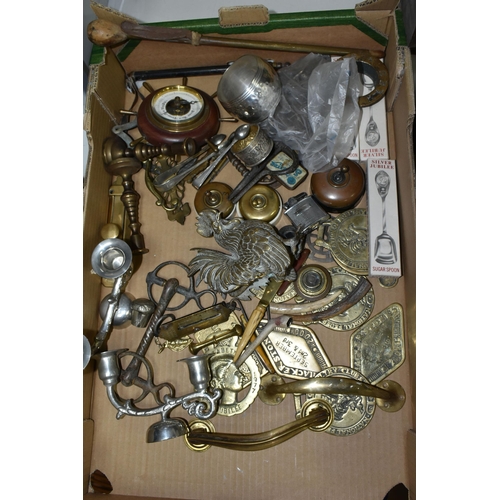 637 - A BOX OF BRASSWARE, ETC, including vintage light switches, replica horse brasses, brass weights, a v... 