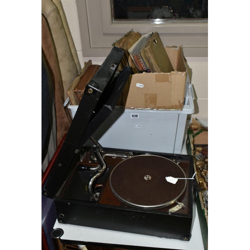 638 - AN HMV PORTABLE GRAMOPHONE IN BLACK CASE WITH TWO NEEDLE TINS, TOGETHER WITH TWO BOXES OF 78'S , 45'... 