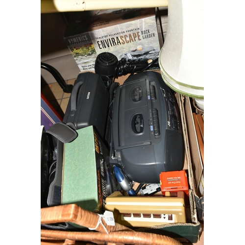 640 - TWO BOXES AND LOOSE SHELLS, PORTABLE CD PLAYER, RALEIGH TRICYCLE, BISSELL CARPET SWEEPER, FRAMED PRI... 