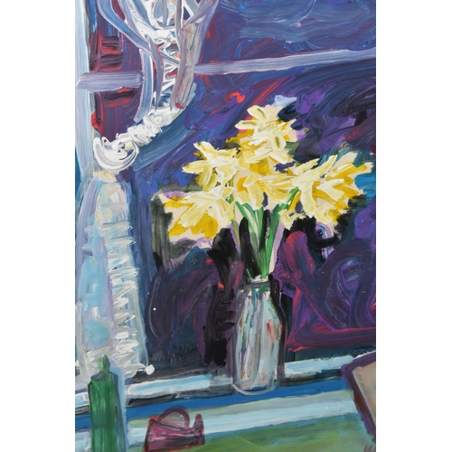 653 - WAGNER (20TH CENTURY) A CONTEMPORARY STILL LIFE STUDY, depicting a vase of daffodils in front of a w... 