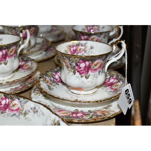 659 - SIX ROYAL ALBERT 'AUTUMN ROSES' TRIOS AND TRAY, comprising six each of tea plates, teacups and sauce... 