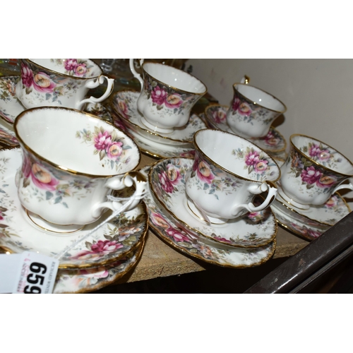 659 - SIX ROYAL ALBERT 'AUTUMN ROSES' TRIOS AND TRAY, comprising six each of tea plates, teacups and sauce... 