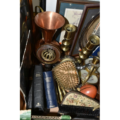 661 - TWO BOXES OF METALWARES, PICTURES AND SUNDRY VINTAGE ITEMS, to include a plated candelabrum and tray... 