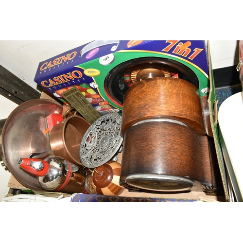 663 - TWO BOXES AND LOOSE SUNDRY ITEMS, to include a copper frying pan and small copper pot, a vintage cre... 