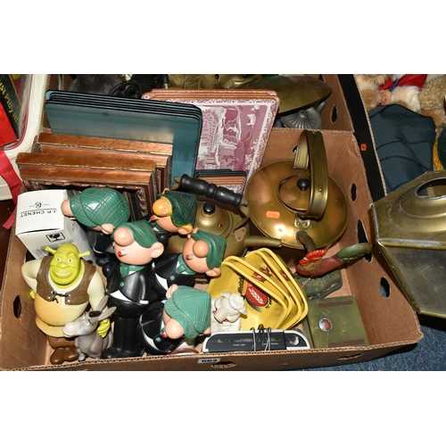 664 - THREE BOXES OF METAL WARES AND SUNDRY ITEMS, to include a brass coaching lamp (top missing), a brass... 