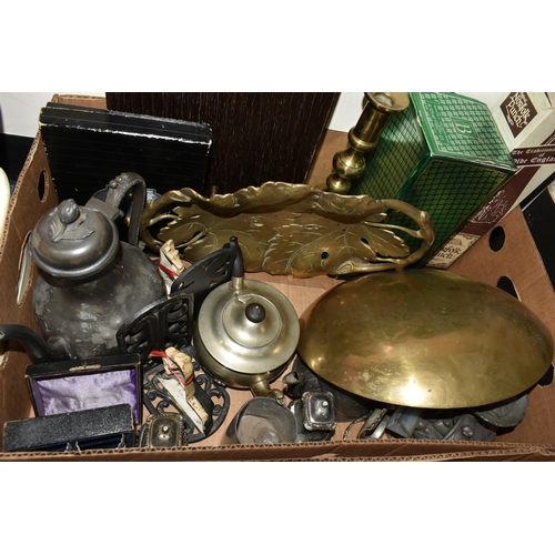 664 - THREE BOXES OF METAL WARES AND SUNDRY ITEMS, to include a brass coaching lamp (top missing), a brass... 